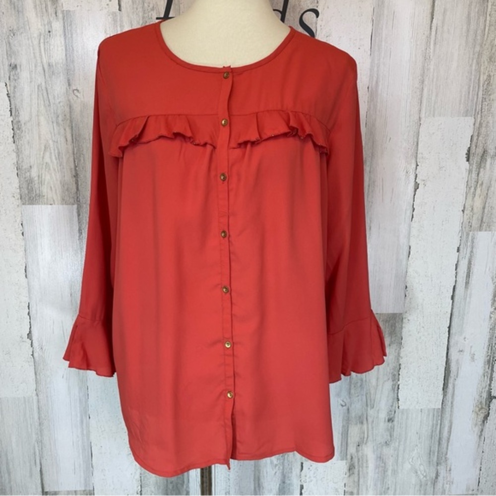 LC Lauren Conrad Women’s Orange Ruffle Long Sleeve Button Up Shirt Top Blouse L